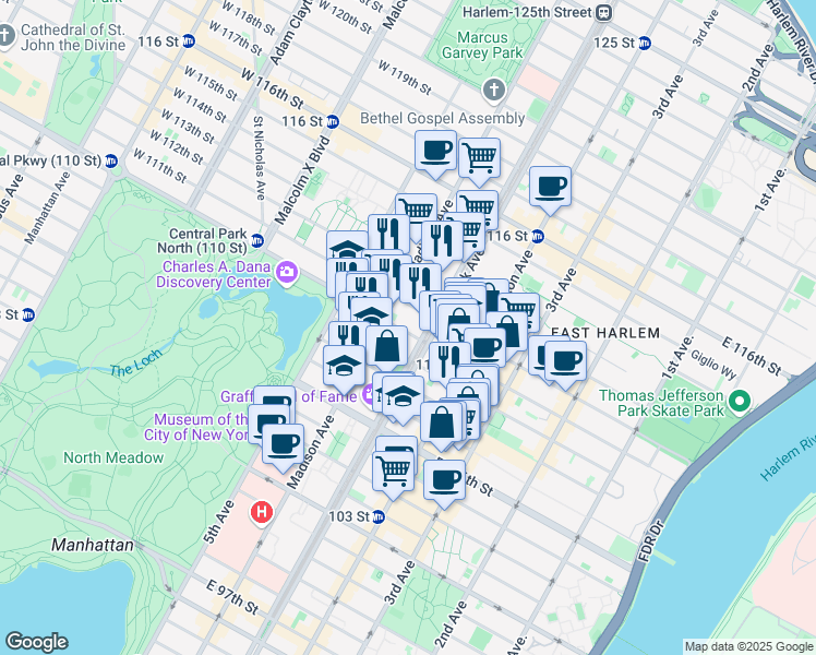 map of restaurants, bars, coffee shops, grocery stores, and more near in New York
