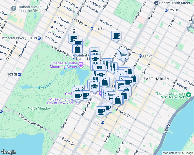 map of restaurants, bars, coffee shops, grocery stores, and more near 26 East 109th Street in New York