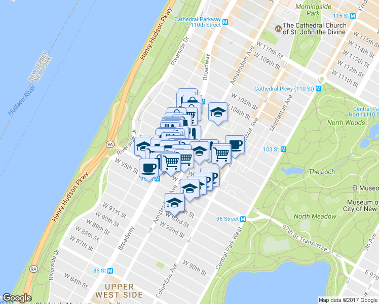 map of restaurants, bars, coffee shops, grocery stores, and more near 780 Amsterdam Avenue in New York