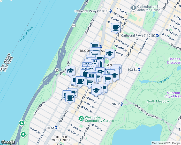 map of restaurants, bars, coffee shops, grocery stores, and more near 780 Amsterdam Avenue in New York