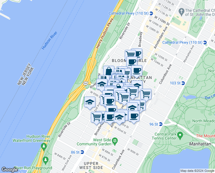 map of restaurants, bars, coffee shops, grocery stores, and more near 2563 Broadway in New York