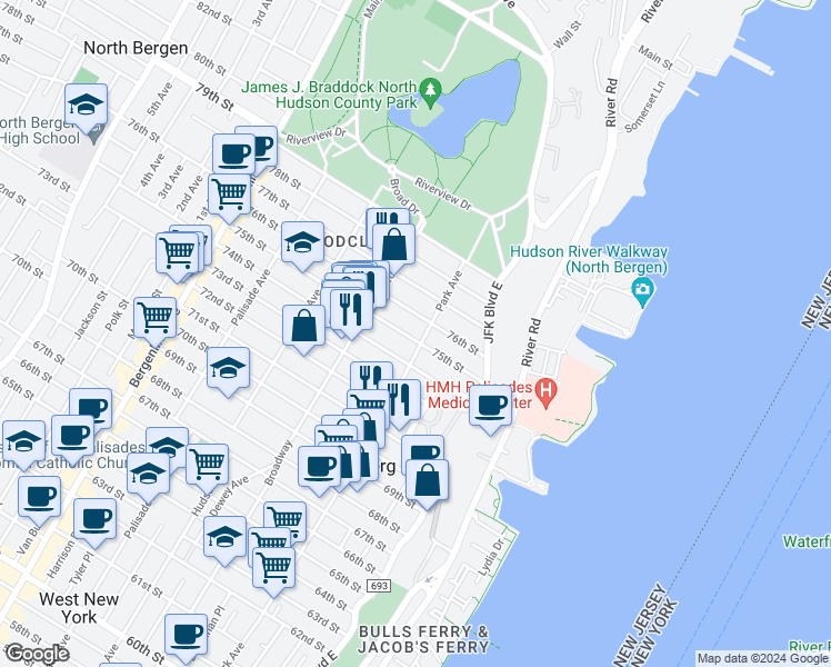 map of restaurants, bars, coffee shops, grocery stores, and more near 31 75th Street in North Bergen