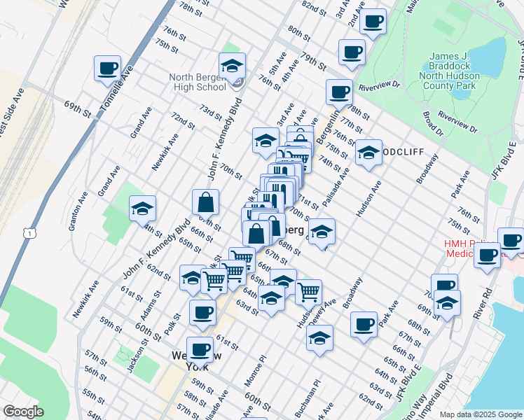 map of restaurants, bars, coffee shops, grocery stores, and more near in Guttenberg