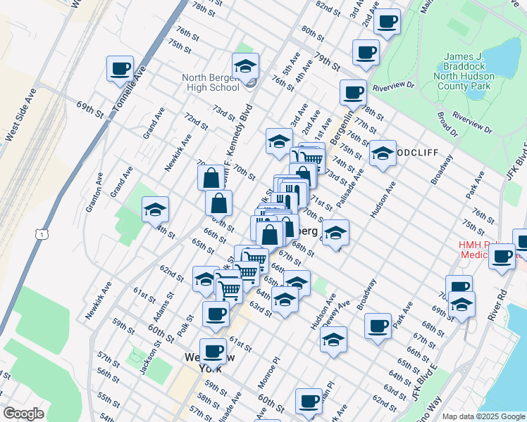 map of restaurants, bars, coffee shops, grocery stores, and more near 528 68th Street in Guttenberg