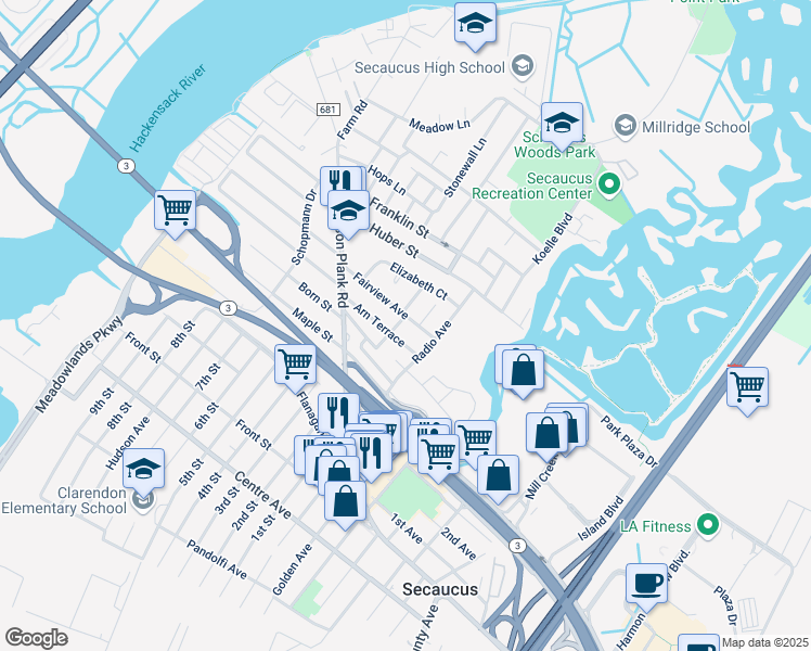 map of restaurants, bars, coffee shops, grocery stores, and more near 6 Kroll Terrace in Secaucus