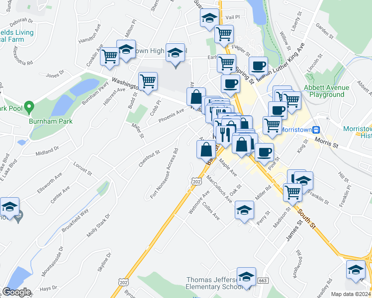 map of restaurants, bars, coffee shops, grocery stores, and more near 48 Court Street in Morristown