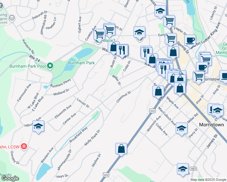 map of restaurants, bars, coffee shops, grocery stores, and more near 88 Western Avenue in Morristown