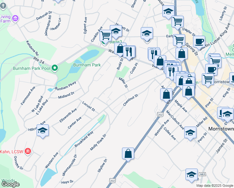 map of restaurants, bars, coffee shops, grocery stores, and more near 88 Western Avenue in Morristown