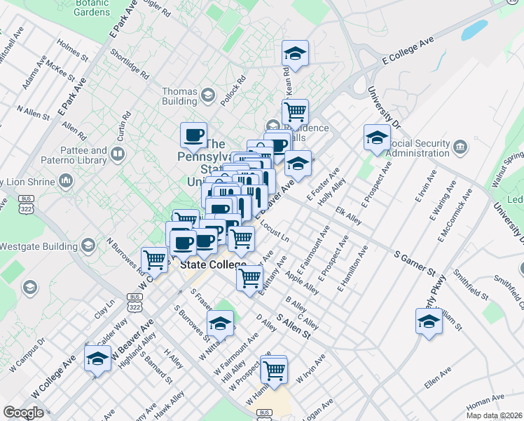 map of restaurants, bars, coffee shops, grocery stores, and more near 211 East Beaver Avenue in State College