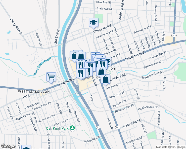 map of restaurants, bars, coffee shops, grocery stores, and more near 41 Erie Street South in Massillon