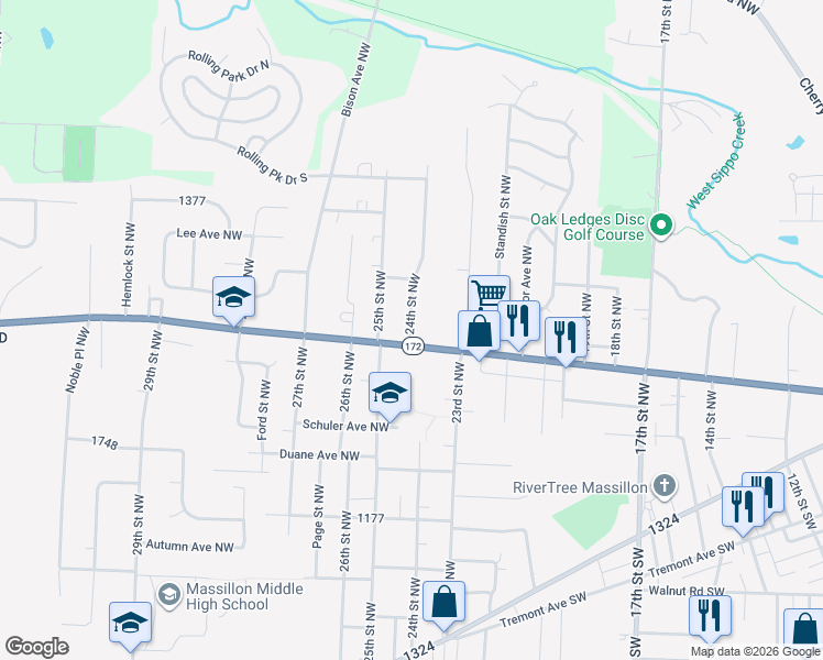 map of restaurants, bars, coffee shops, grocery stores, and more near in Massillon