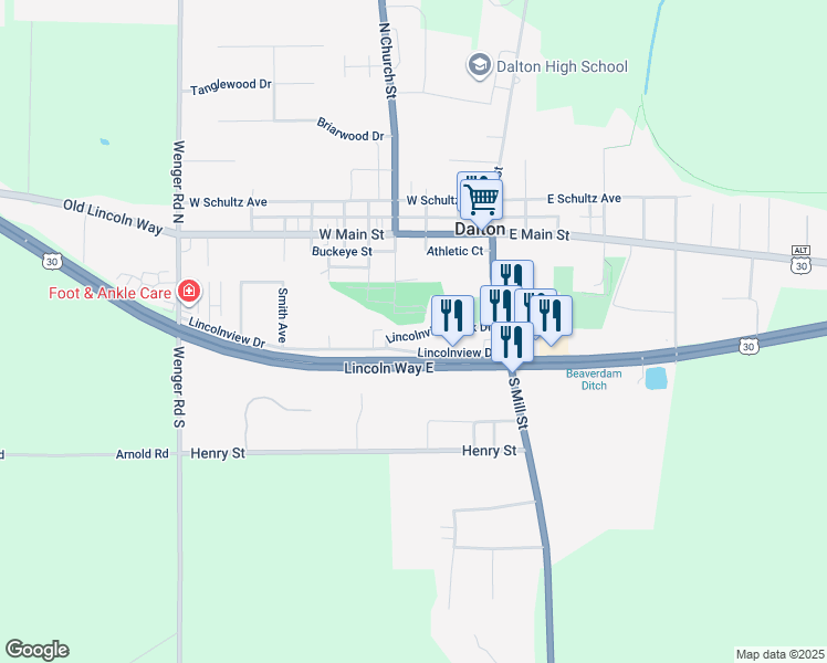 map of restaurants, bars, coffee shops, grocery stores, and more near 100 Lincolnview Drive in Dalton
