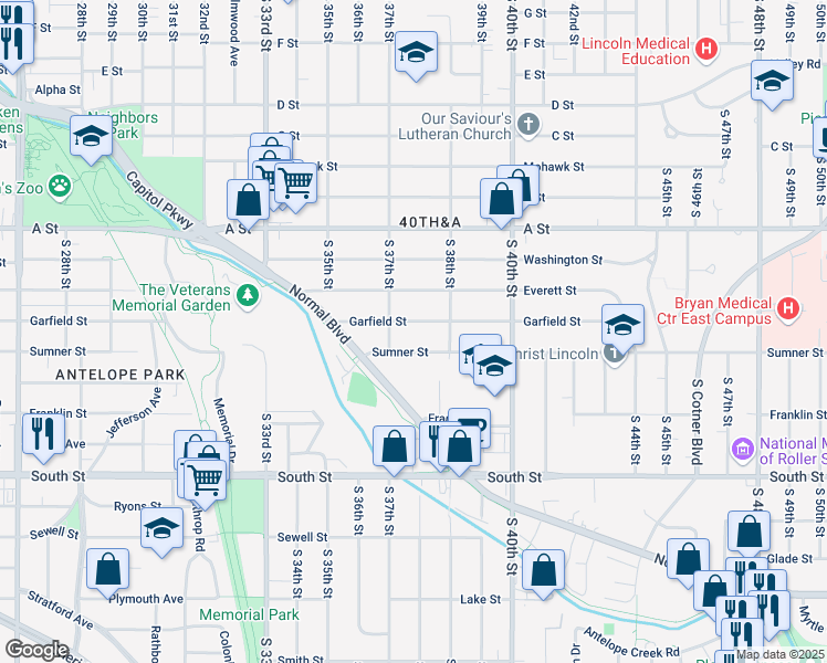 map of restaurants, bars, coffee shops, grocery stores, and more near 3730 Sumner Street in Lincoln