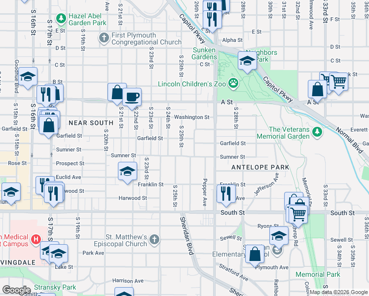map of restaurants, bars, coffee shops, grocery stores, and more near 1655 South 25th Street in Lincoln