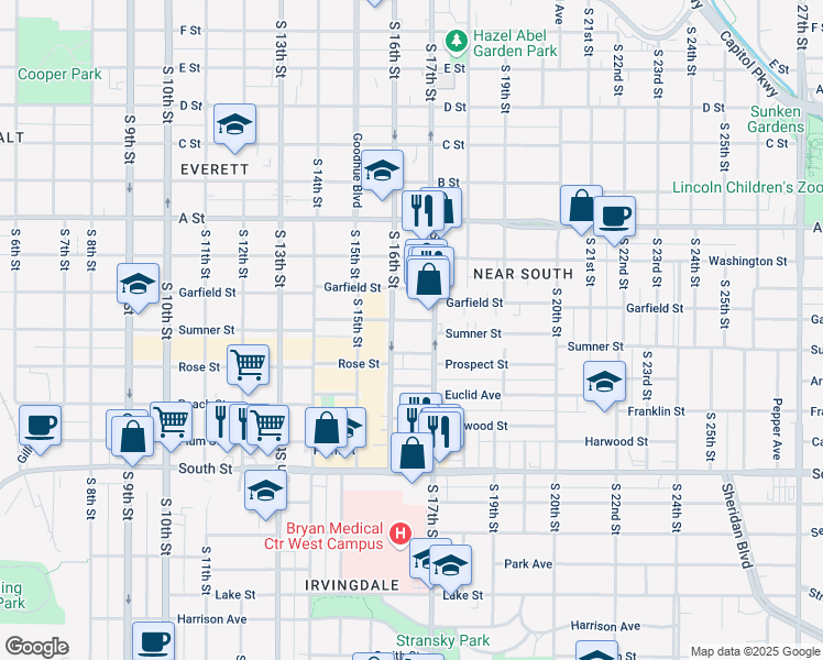map of restaurants, bars, coffee shops, grocery stores, and more near 1634 Prospect Street in Lincoln
