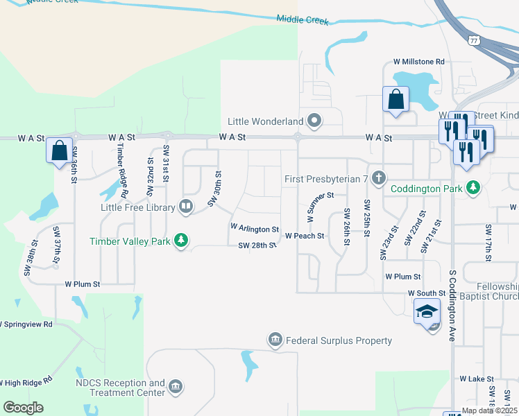 map of restaurants, bars, coffee shops, grocery stores, and more near 2907 West Rose Street in Lincoln