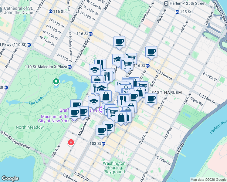 map of restaurants, bars, coffee shops, grocery stores, and more near 77 East 110th Street in New York