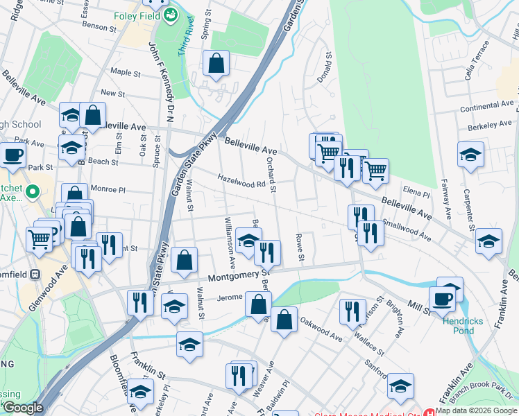map of restaurants, bars, coffee shops, grocery stores, and more near 70 Orchard Street in Bloomfield