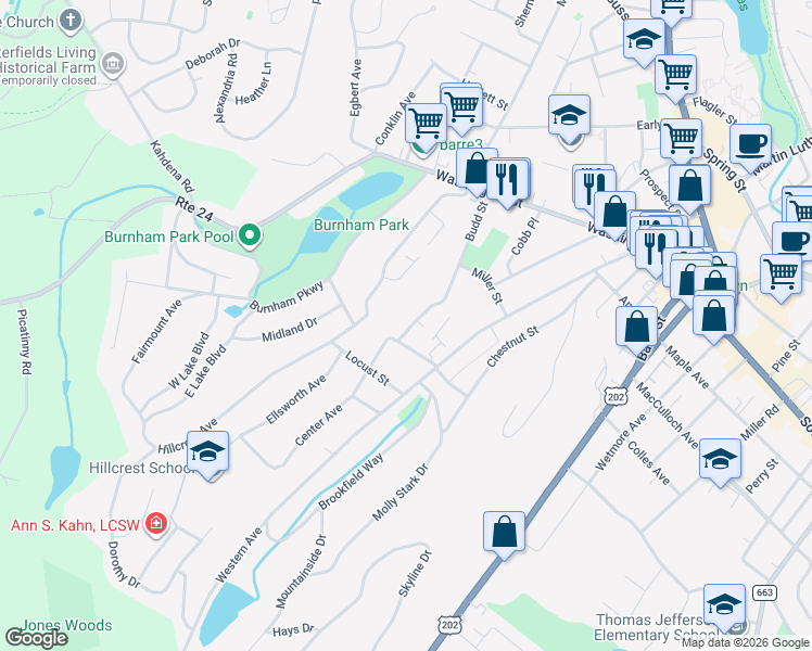 map of restaurants, bars, coffee shops, grocery stores, and more near 17 Fairview Place in Morristown