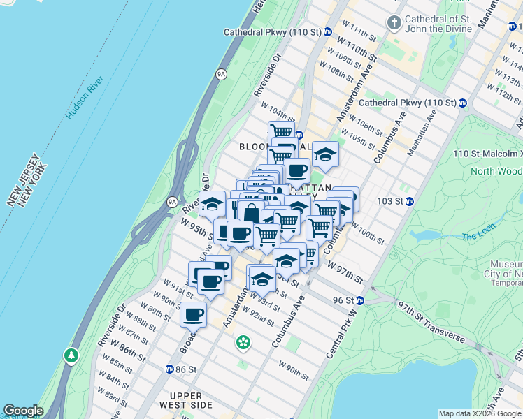 map of restaurants, bars, coffee shops, grocery stores, and more near Broadway & W 98th St in New York