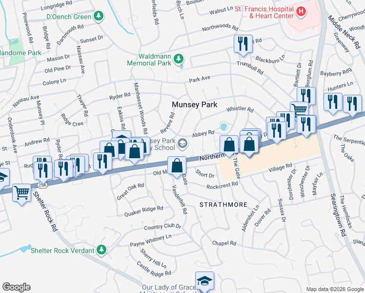 map of restaurants, bars, coffee shops, grocery stores, and more near 1 Hunt Lane in Manhasset