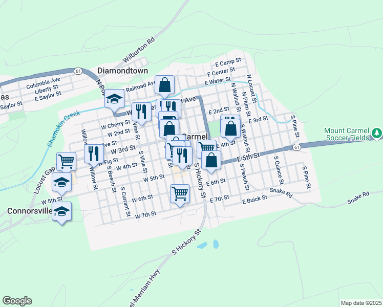 map of restaurants, bars, coffee shops, grocery stores, and more near 136 S Hickory St in Mt Carmel