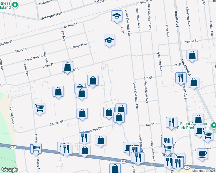 map of restaurants, bars, coffee shops, grocery stores, and more near 152 Christopher Street in Ronkonkoma