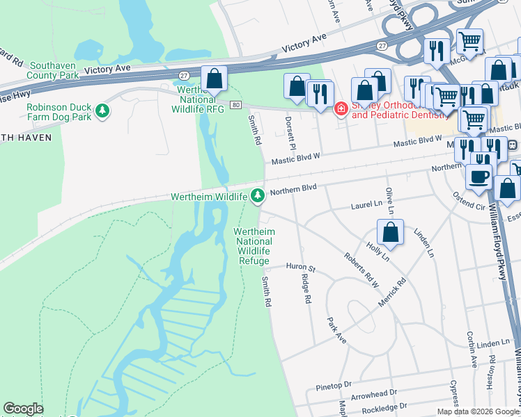 map of restaurants, bars, coffee shops, grocery stores, and more near 360 Smith Road in Shirley