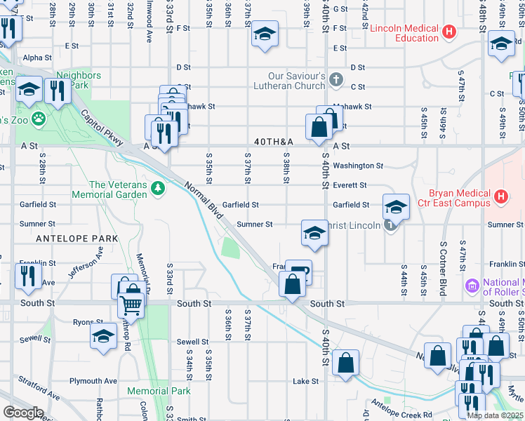map of restaurants, bars, coffee shops, grocery stores, and more near 3730 Sumner Street in Lincoln