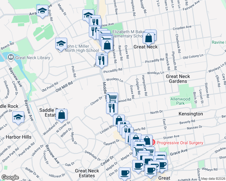 map of restaurants, bars, coffee shops, grocery stores, and more near 8 Berkshire Road in Great Neck