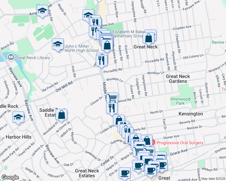 map of restaurants, bars, coffee shops, grocery stores, and more near 8 Berkshire Road in Great Neck