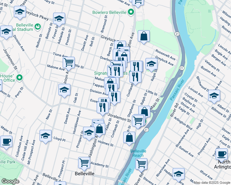 map of restaurants, bars, coffee shops, grocery stores, and more near 96 Terry Street in Belleville
