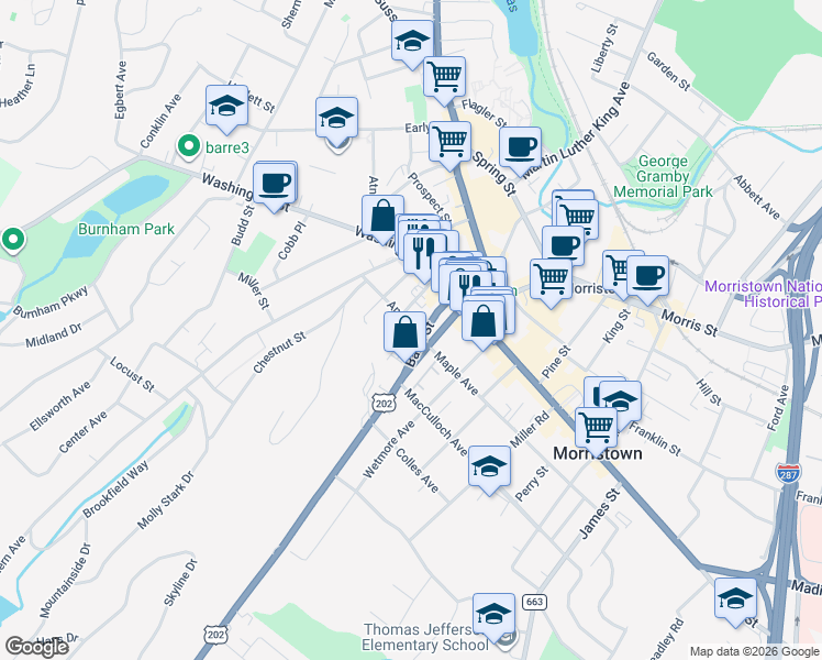 map of restaurants, bars, coffee shops, grocery stores, and more near 63 Bank Street in Morristown