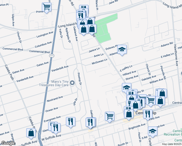 map of restaurants, bars, coffee shops, grocery stores, and more near 195 Oakland Avenue in Central Islip