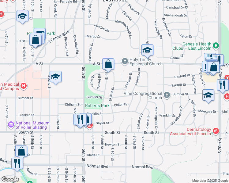 map of restaurants, bars, coffee shops, grocery stores, and more near 1635 Skyline Drive in Lincoln