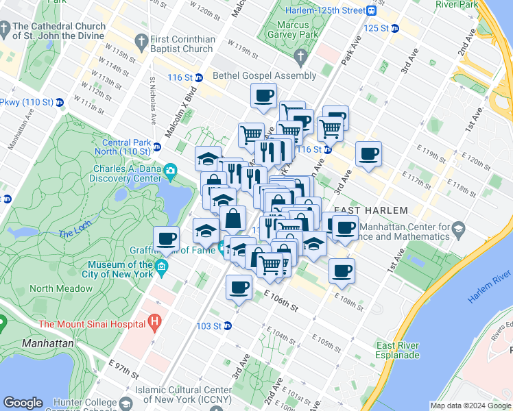 map of restaurants, bars, coffee shops, grocery stores, and more near 119e East 110th Street in New York