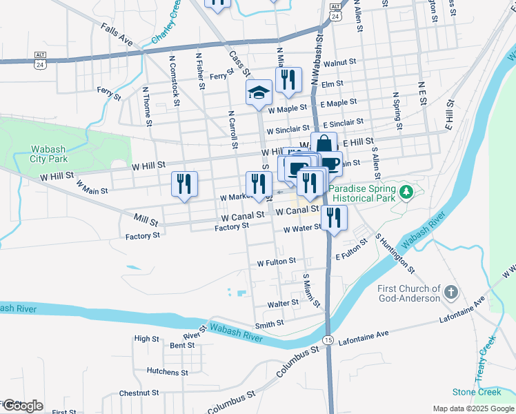 map of restaurants, bars, coffee shops, grocery stores, and more near 275 West Market Street in Wabash