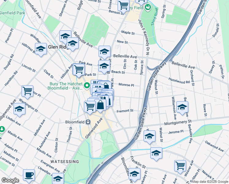 map of restaurants, bars, coffee shops, grocery stores, and more near 11 Park Place in Bloomfield