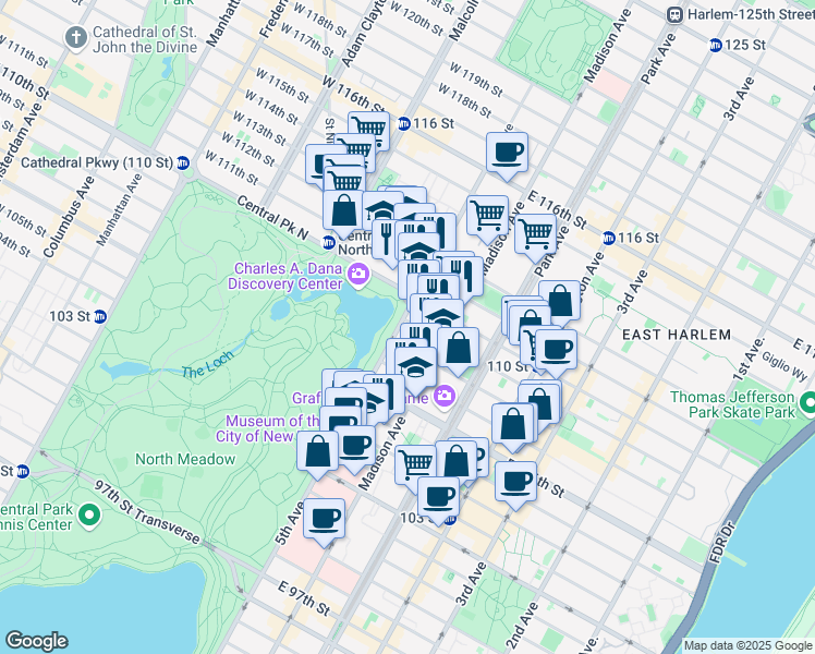 map of restaurants, bars, coffee shops, grocery stores, and more near 1274 5th Avenue in New York