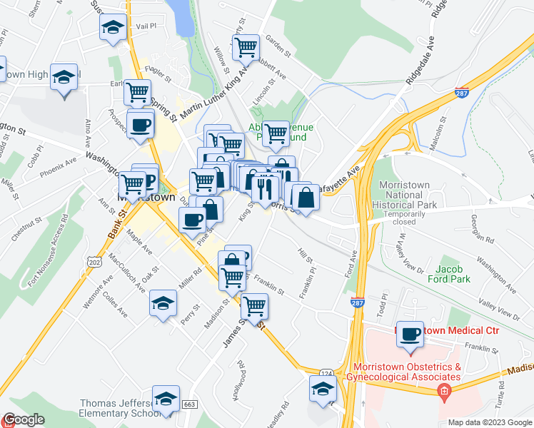 map of restaurants, bars, coffee shops, grocery stores, and more near 60 Elm Street in Morristown