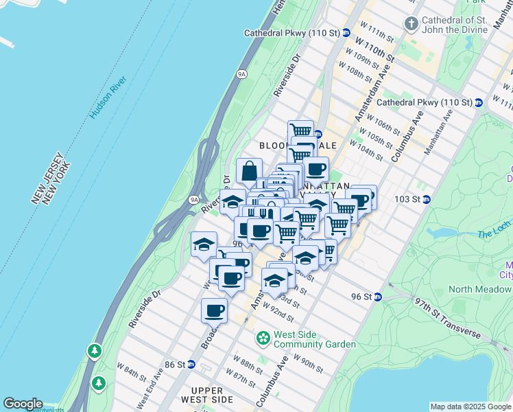 map of restaurants, bars, coffee shops, grocery stores, and more near 2563 Broadway in New York