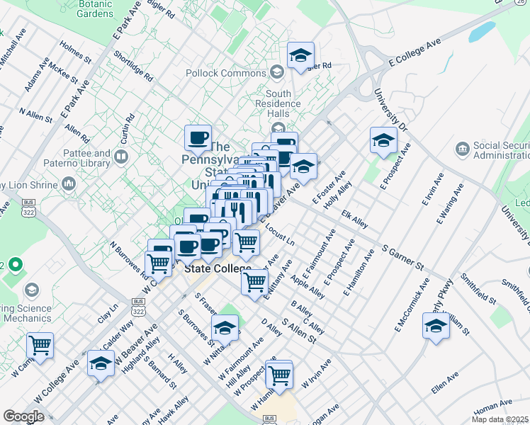 map of restaurants, bars, coffee shops, grocery stores, and more near 309 East Beaver Avenue in State College