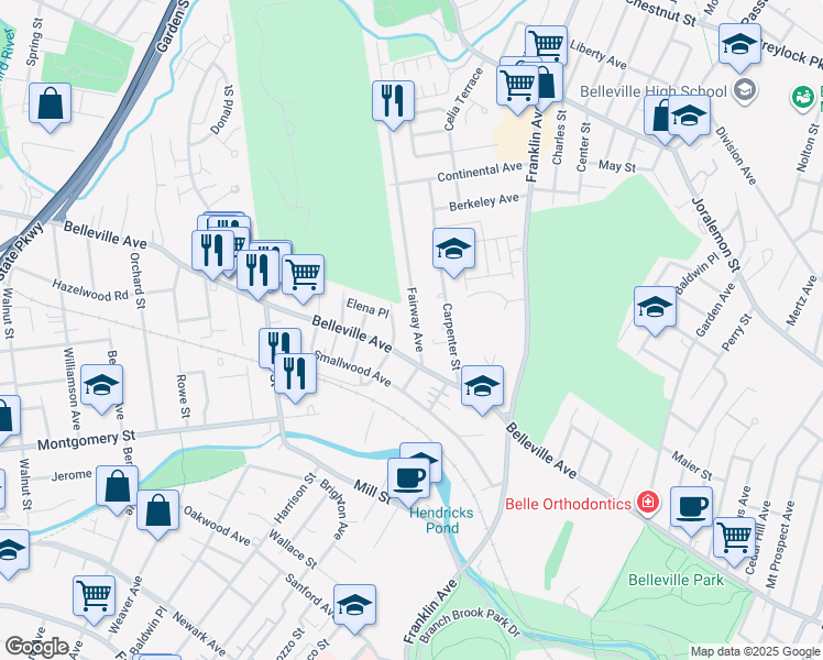 map of restaurants, bars, coffee shops, grocery stores, and more near 646 Belleville Avenue in Belleville