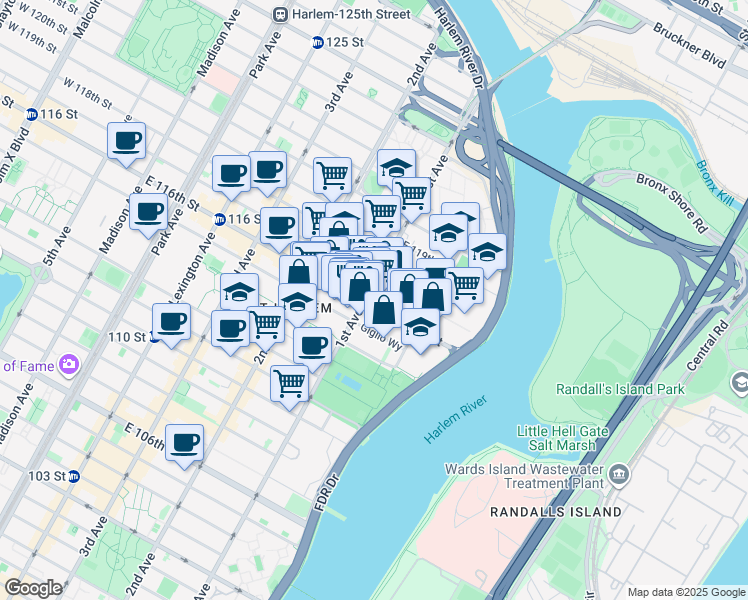 map of restaurants, bars, coffee shops, grocery stores, and more near 401 East 116th Street in New York