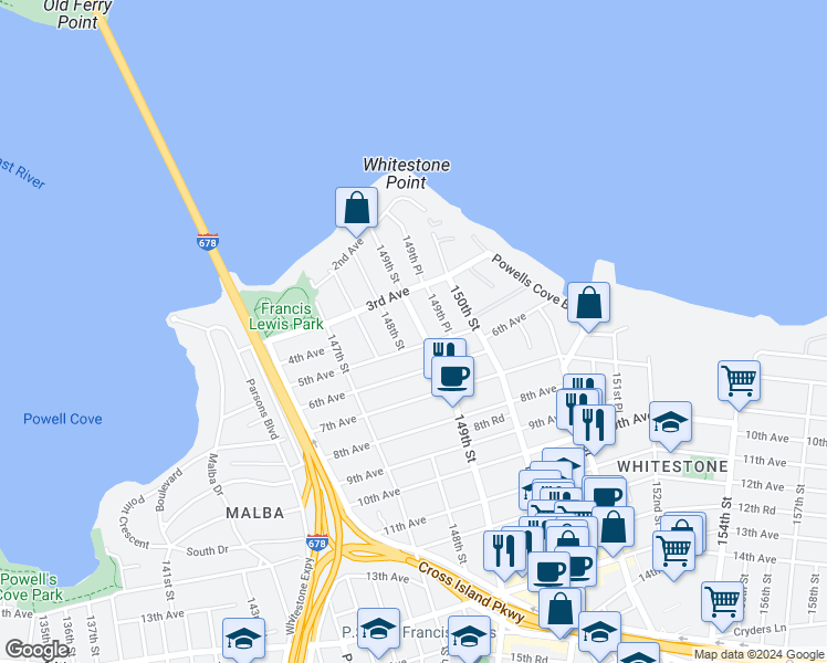 map of restaurants, bars, coffee shops, grocery stores, and more near 148-08 5th Avenue in Queens