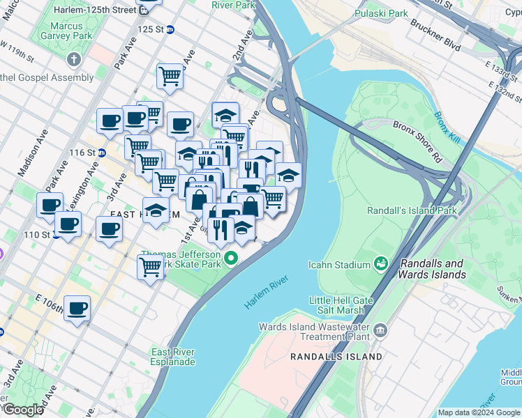 map of restaurants, bars, coffee shops, grocery stores, and more near in New York