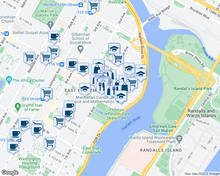 map of restaurants, bars, coffee shops, grocery stores, and more near 414 East 116th Street in New York