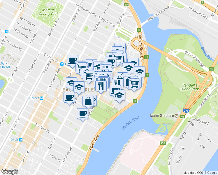 map of restaurants, bars, coffee shops, grocery stores, and more near in New York