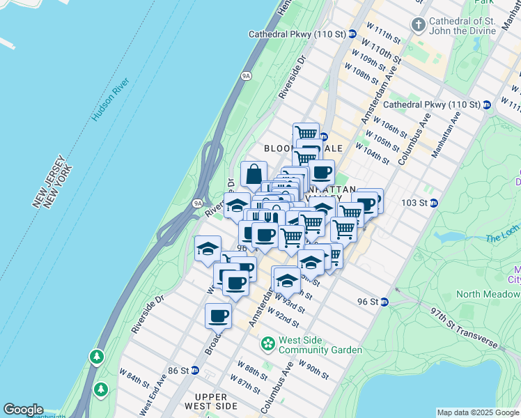 map of restaurants, bars, coffee shops, grocery stores, and more near 2563 Broadway in New York