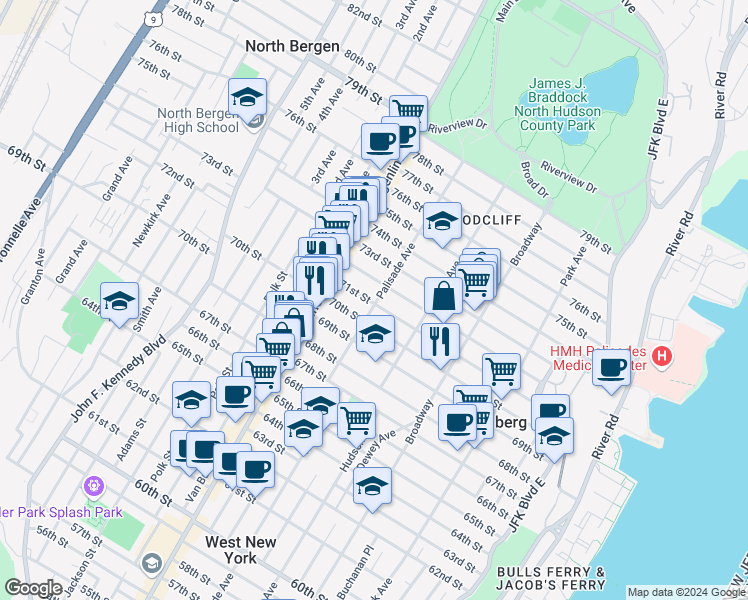 map of restaurants, bars, coffee shops, grocery stores, and more near 7012 Palisade Avenue in Guttenberg